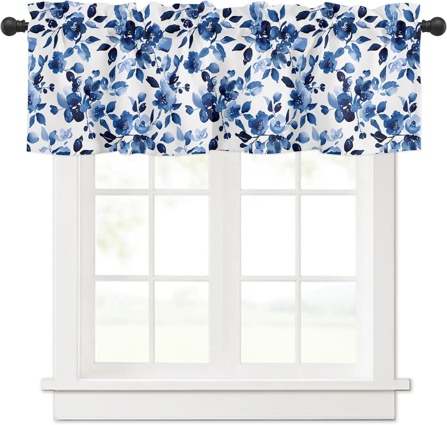 Watercolor Blue Floral Semi-Sheer Linen Rod Pocket Valance