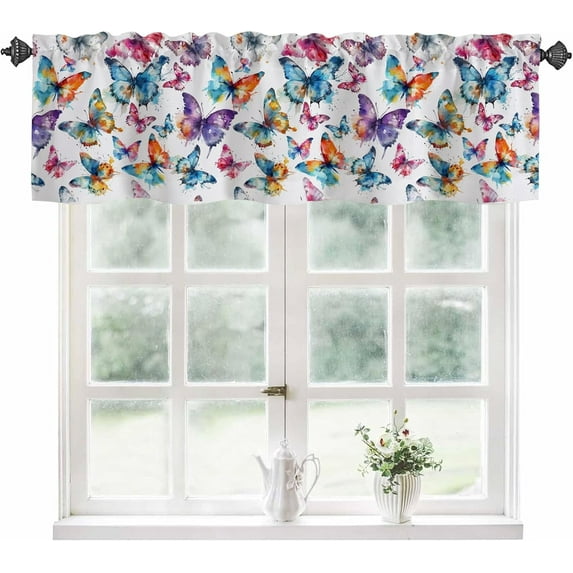 Valance Curtains for Windows,Watercolor Butterflies Semi Sheer Curtain Valance,Vintage Colorful Butterfly Window Valance Curtains,Short Rod Pocket Window Treatment for Kitchen Living Room 54"x18"