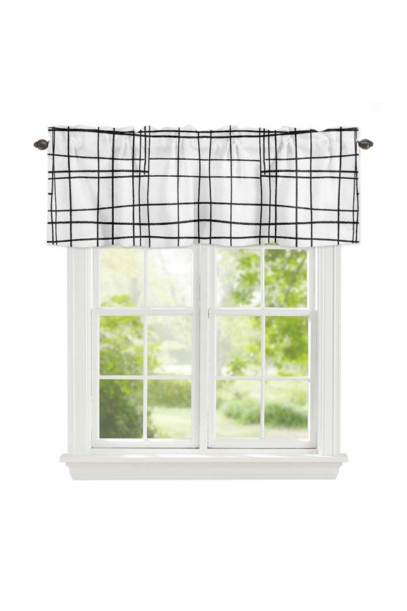 Valance Curtains for Windows White Checked Plaid Kitchen Curtians Window Treatment Minimalist Grid Lines Topper Curtain Rod Pocket Valances for Kitchen Bathroom Living Room 42x12in