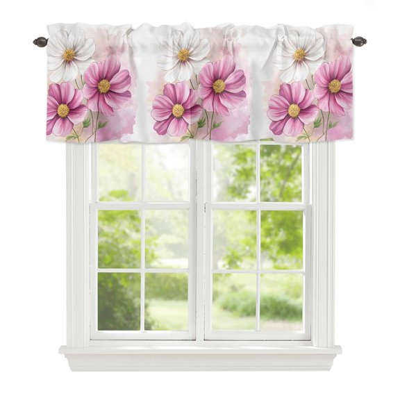 Valance Curtains for Windows White Pink Cosmos Kitchen Curtians Window Treatment Watercolor Spring Flower Topper Curtain Rod Pocket Valances for Kitchen Bathroom Living Room 42x12in