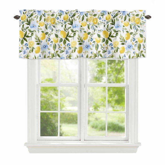Valance Curtains for Windows Yellow Lemon Kitchen Curtians Window Treatment Blue Flowers Leaf Topper Curtain Rod Pocket Valances for Kitchen Bathroom Living Room 54x18in