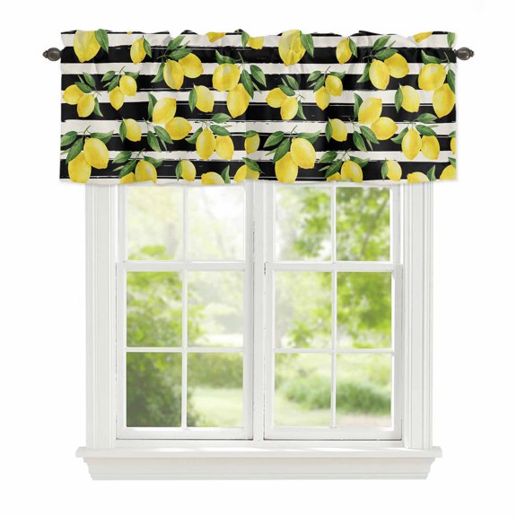 Valance Curtains for Windows Yellow Lemon Kitchen Curtians Window Treatment Summer Fruit Black Striped Topper Curtain Rod Pocket Valances for Kitchen Bathroom Living Room 42x12in