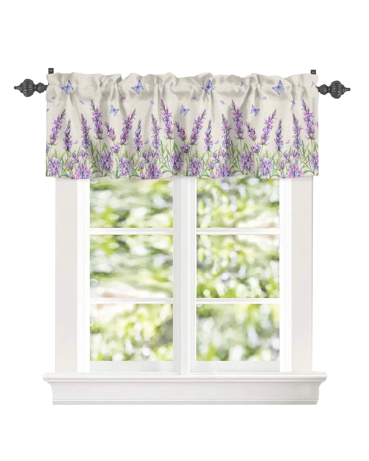 Valance for Kitchen Windows, Purple Floral Lavender Butterfly Rod
