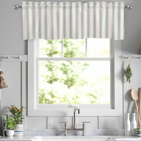 Valance Stripe Pattern Farmhouse Window Valance 54 x 18 in Linen Window Treatment for Kitchen Bathroom Rod Pocket 1 Panel Blue on Beige