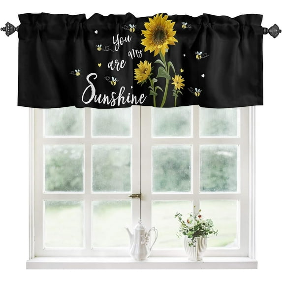 Valance for Window 54x18 Sunflower Sunshine Kitchen Curtains Valances Rod Pocket Short Toppers Treatments Living Room Bedroom Bathroom Use 1 Panel Black Background Bee