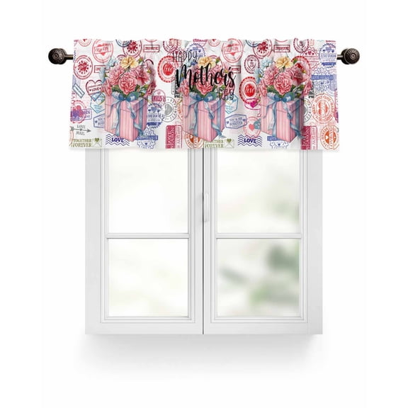 Valance for Windows 42"W x 12"L Happy Mother's Day Pink Carnation Gift Box Postcard Kitchen Curtains Light Filtering Curtain Valances Rod Pocket Curtains for Bedroom Farmhouse Living Room