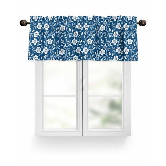 Valance for Windows 42"W x 12"L Retro Floral Pattern Pastoral Blue Background Kitchen Curtains Light Filtering Curtain Valances Rod Pocket Curtains for Bedroom Farmhouse Living Room