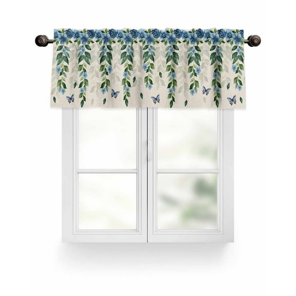 Valance for Windows 42"W x 12"L Spring Summer Flowers Butterfly Linen Texture Kitchen Curtains Light Filtering Curtain Valances Rod Pocket Curtains for Bedroom Farmhouse Living Room