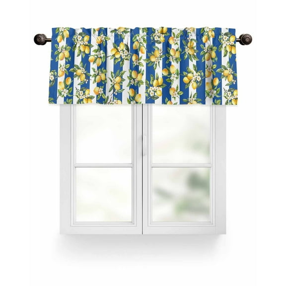 Valance for Windows 42"W x 12"L Summer Watercolor Lemon Blue White Stripes Kitchen Curtains Light Filtering Curtain Valances Rod Pocket Curtains for Bedroom Farmhouse Living Room