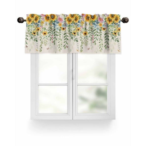Valance for Windows 42"W x 18"L Summer Sunflower Leaves Linen Texture Kitchen Curtains Light Filtering Curtain Valances Rod Pocket Curtains for Bedroom Farmhouse Living Room
