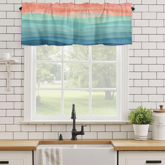 Valance for Windows,Abstract Boho Teal Sea Waves Valances Curtain Rod Pocket Valance for Kitchen Bedroom Living Room Bathroom,Orange Sun Coastal Dusk Short Curtains Window Treatment 54x18in