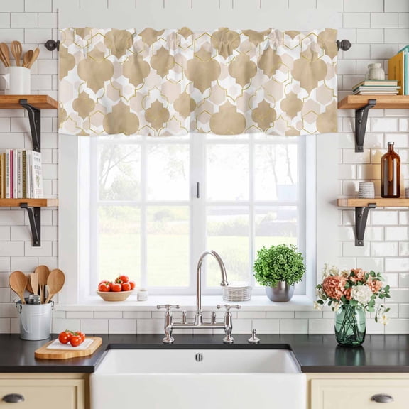 Valance for Windows,Abstract Geometric Gold Diamond Valances Curtain Rod Pocket Valance for Kitchen Bedroom Living Room Bathroom,Beige Brown Moroccan Pattern Short Curtains Window Treatment 54x18in