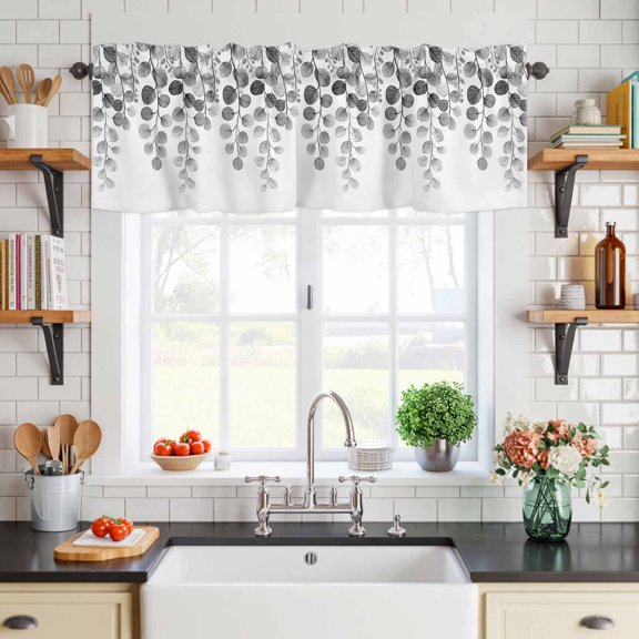 Valance for Windows,Abstract Gray Eucalyptus Leaf Valances Curtain Rod Pocket Valance for Kitchen Bedroom Living Room Bathroom,Farmhouse Botantical Short Curtains Window Treatment 54x18in