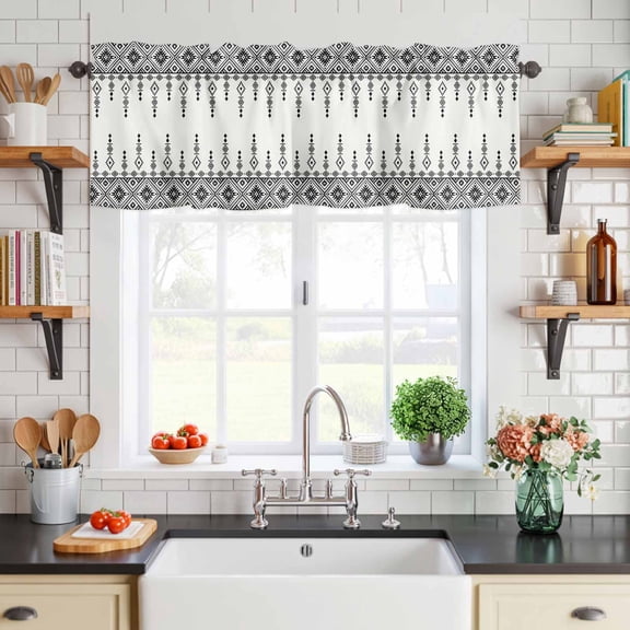 Valance for Windows,Boho Ethnic Abstract Style Valances Curtain Rod Pocket Valance for Kitchen Bedroom Living Room Bathroom,Black White Geometric Pattern Short Curtains Window Treatment 54x18in