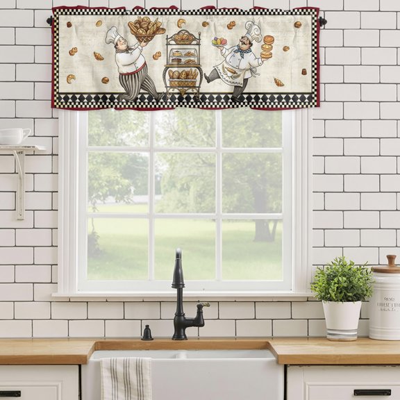 Valance for Windows,Cartoon Chef Buffalo Plaid Valances Curtain Rod Pocket Valance for Kitchen Bedroom Living Room Bathroom,Pastry Cart Italian Bistro Short Curtains Window Treatment 54x18in