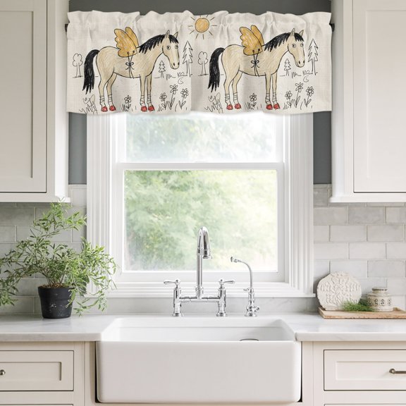 Valance for Windows,Cartoon Winged Horse Sketch Valances Curtain Rod Pocket Valance for Kitchen Bedroom Living Room Bathroom,Watercolor Sun Flower Tree Linen Short Curtains Window Treatment 42x12in