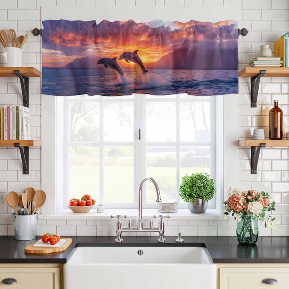 Valance for Windows,Coastal Ocean Dolphins Sunset Valances Curtain Rod Pocket Valance for Kitchen Bedroom Living Room Bathroom,Summer Seaside Natural Scenery Short Curtains Window Treatment 54x18in