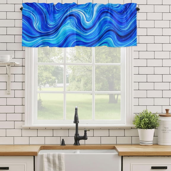 Valance for Windows,Cobalt Blue Swirling Waves Valances Curtain Rod Pocket Valance for Kitchen Bedroom Living Room Bathroom,Marble Veins Pattern Short Curtains Window Treatment 54x18in