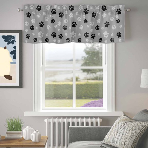 Valance for Windows,Dog Paw Print Black Gray Valances Curtain Rod Pocket Valance for Kitchen Bedroom Living Room Bathroom,Animal Footprint Pattern Short Curtains Window Treatment 42x12in