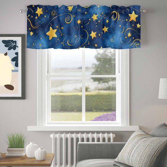 Valance for Windows,Dream Line Yellow Star on Blue Valances Curtain Rod Pocket Valance for Kitchen Bedroom Living Room Bathroom,Retro Starry Sky Short Curtains Window Treatment 42x12in