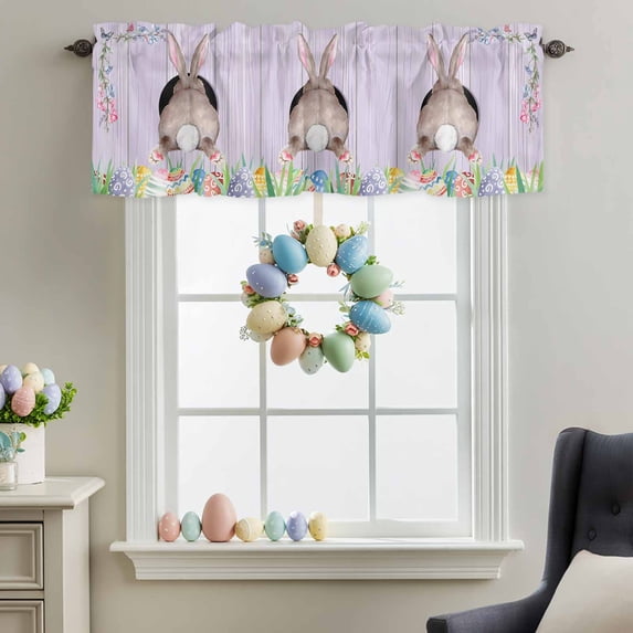 Valance for Windows,Easter Rabbit Back with Colorful Eggs Valances Curtain Rod Pocket Valance for Kitchen Bedroom Living Room,Spring Flower Purple Wood Short Curtains Window Treatment 42x12in