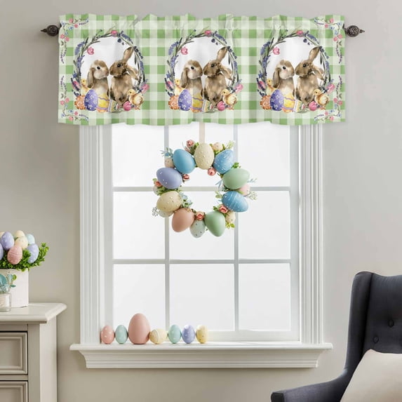 Valance for Windows,Easter Rabbit Colorful Eggs Chicken Valances Curtain Rod Pocket Valance for Kitchen Bedroom Living Room,Spring Florals Green Lattice Short Curtains Window Treatment 42x12in