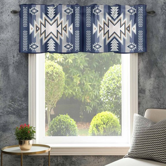 Valance for Windows,Ethnic Boho Morocco Theme Valances Curtain Rod Pocket Valance for Kitchen Bedroom Living Room Bathroom,Aztec Blue Geometric Art Short Curtains Window Treatment 42x12in