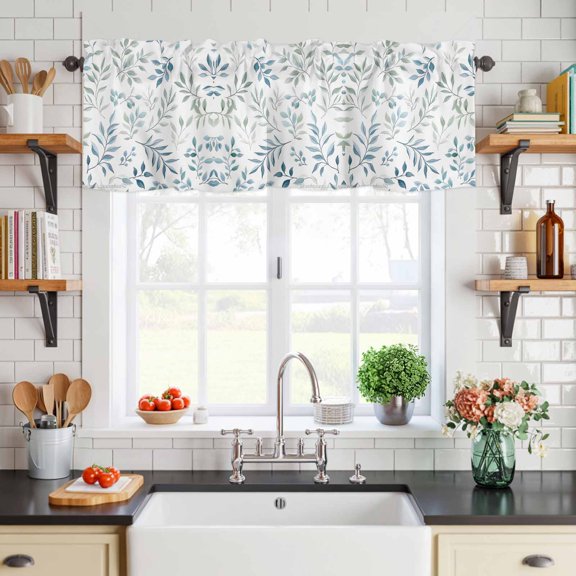 Valance for Windows,Farm Country Plant Leaves Valances Curtain Rod Pocket Valance for Kitchen Bedroom Living Room Bathroom,Pastoral Blue Green Botanical Short Curtains Window Treatment 54x18in