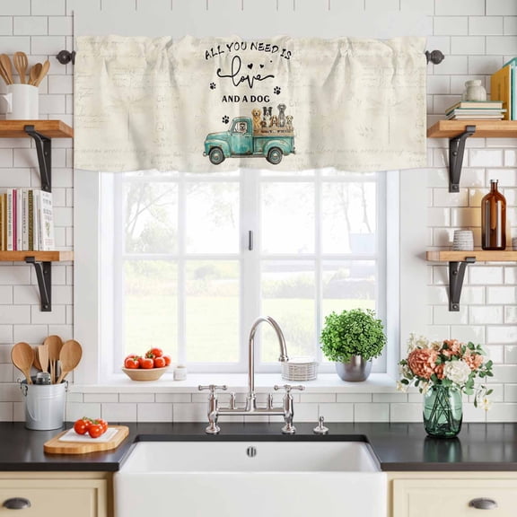Valance for Windows,Farm Green Old-fashioned Trucks Dog Valances Curtain Rod Pocket Valance for Kitchen Bedroom Living Room Bathroom,Vintage Dog Paw Short Curtains Window Treatment 54x18in