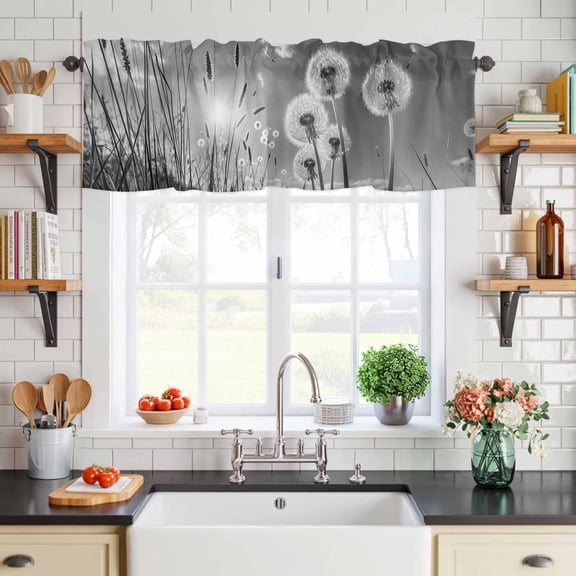 Valance for Windows,Farmhouse Grey Field Dandelion Rural Plant Valances Curtain Rod Pocket Valance for Kitchen Bedroom Living Room Bathroom,Idyllic Botanical Short Curtains Window Treatment 54x18in