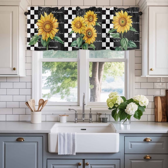 Valance for Windows,Farmhouses Sunflower Leaves Valances Curtain Rod Pocket Valance for Kitchen Bedroom Living Room Bathroom,Black White Buffalo Plaid Short Curtains Window Treatment 54x18in