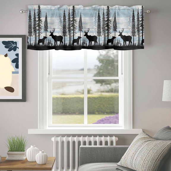 Valance for Windows,Forest Deer Bear Wild Animal Valances Curtain Rod Pocket Valance for Kitchen Bedroom Living Room Bathroom,Blue White Wood Board Short Curtains Window Treatment 42x12in