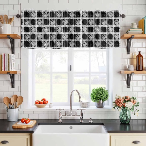 Valance for Windows,Gray Black Plaid Vintage Valances Curtain Rod Pocket Valance for Kitchen Bedroom Living Room Bathroom,Country Checker Seamless Short Curtains Window Treatment 54x18in