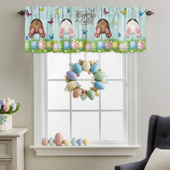 Valance for Windows,Happy Easter Bunny Butt Egg Floral Valances Curtain Rod Pocket Valance for Kitchen Bedroom Living Room Bathroom,Spring Plant on Aqua Wood Short Curtains Window Treatment 42x12in
