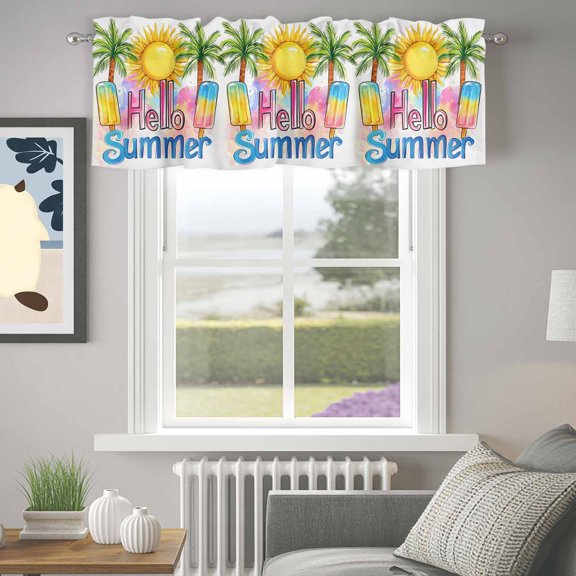 Valance for Windows,Hello Summer Text Sun Palm Tree Valances Curtain Rod Pocket Valance for Kitchen Bedroom Living Room Bathroom,Colorful Ocean Seaside Theme Short Curtains Window Treatment 42x12in