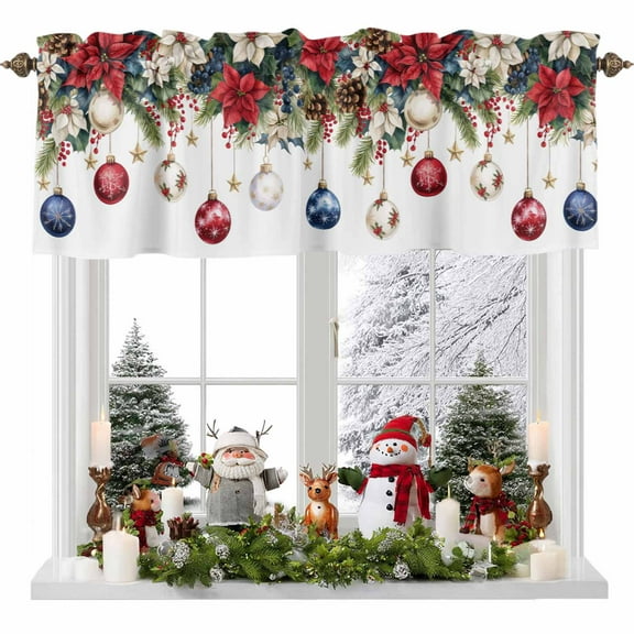 Valance for Windows Kitchen Curtains 42"W x 12"L Winter Christmas Poinsettia Red Blue Berry Christmas Balls Light Filtering Curtain Valances Rod Pocket Curtains for Bedroom Farmhouse Living Room