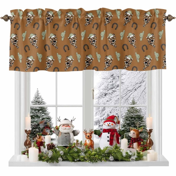 Valance for Windows Kitchen Curtains 42"W x 18"L Western Christmas Cowboy Hat Horseshoe Xmas Tree Brown Light Filtering Curtain Valances Rod Pocket Curtains for Bedroom Farmhouse Living Room
