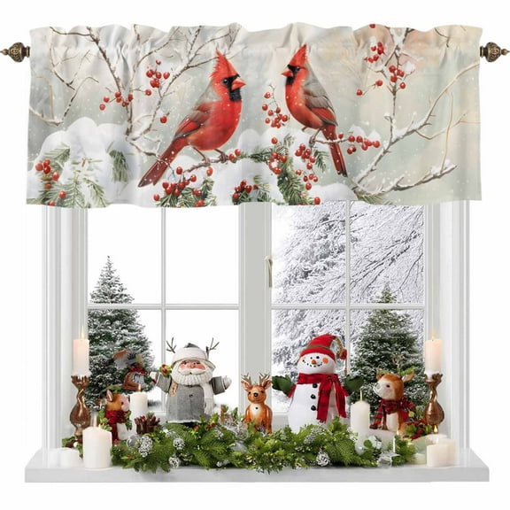 Valance for Windows Kitchen Curtains 42"W x 18"L Winter Christmas Cardinal Bird Red Berry Pine Leaves Light Filtering Curtain Valances Rod Pocket Curtains for Bedroom Farmhouse Living Room
