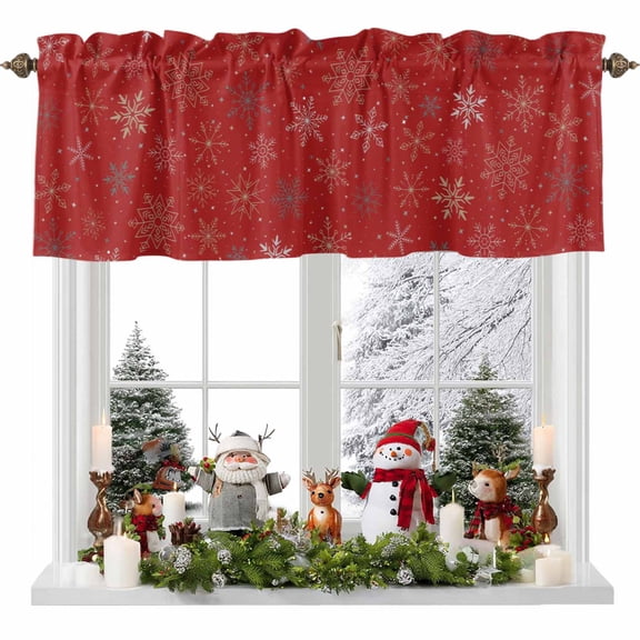 Valance for Windows Kitchen Curtains 56"W x 16"L Christmas Winter Snowflakes Red Texture Light Filtering Curtain Valances Rod Pocket Curtains for Bedroom Farmhouse Living Room