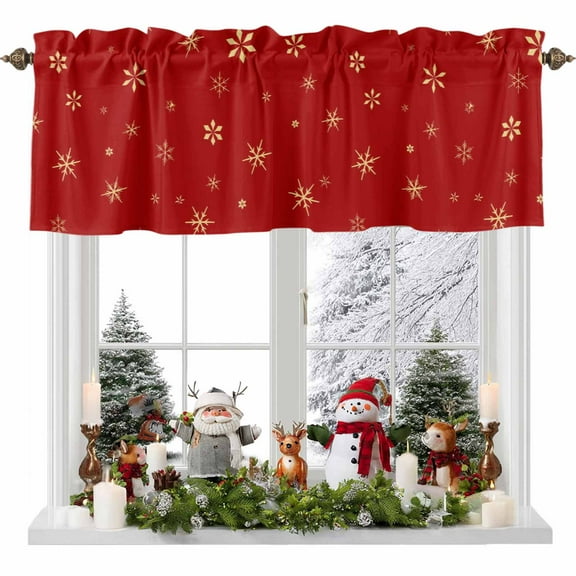 Valance for Windows Kitchen Curtains 60"W x 14"L Winter Christmas Gold Snowflakes Red Light Filtering Curtain Valances Rod Pocket Curtains for Bedroom Farmhouse Living Room