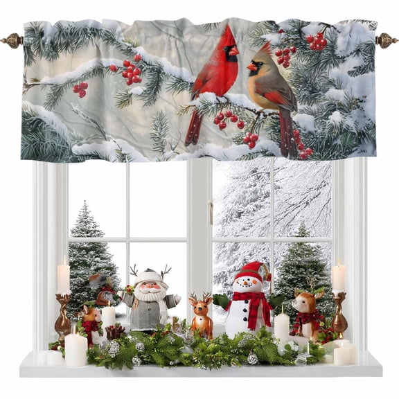 Valance for Windows Kitchen Curtains 60"W x 18"L Winter Christmas Cardinal Pine Branches Light Filtering Curtain Valances Rod Pocket Curtains for Bedroom Farmhouse Living Room