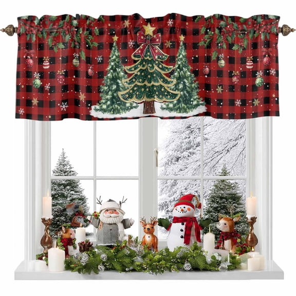 Valance for Windows Kitchen Curtains 60"W x 18"L Winter Christmas Trees Balls Vintage Plaid Light Filtering Curtain Valances Rod Pocket Curtains for Bedroom Farmhouse Living Room