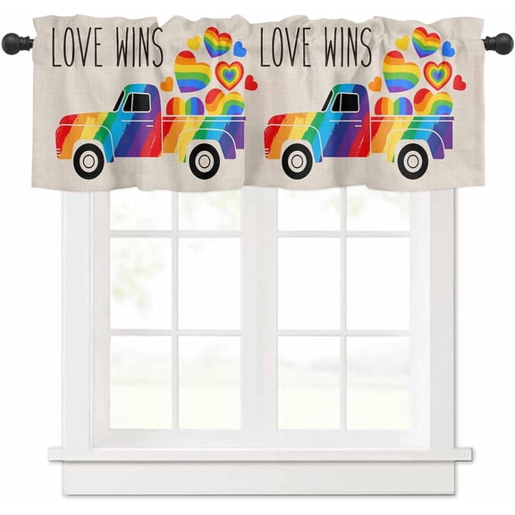 Valance for Windows LGBT Love WINS Rainbow Truck Pull Love Hearts Linen Window Treatment Valances Rod Pocket Curtain Valance for Kitchen, Bathroom, Living Room, Bedroom 54" W x 18" L