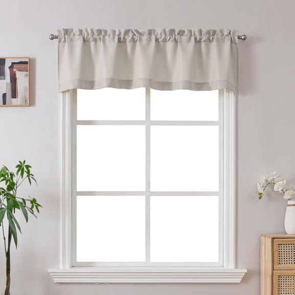 Valance for Windows, Light Filtering Faux Linen Textured Kitchen Valance for Window, Rod Pocket Small Short Curtain for Bathroom Laundry Room Basement, 60Wx14L inch, 1 Piece, Moon Beige