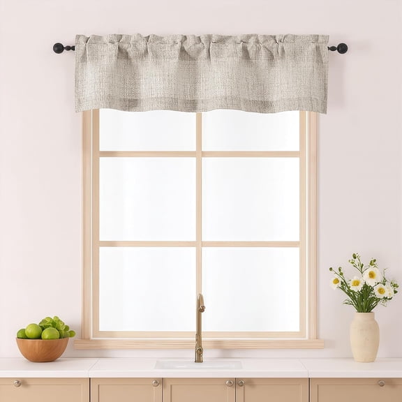 Valance for Windows, Light Filtering Faux Linen Textured Small Kitchen Window Valance, Rod Pocket Short Curtain for Bathroom Basement RV Camper, 52Wx12L inch, 1 Piece, Linen Color