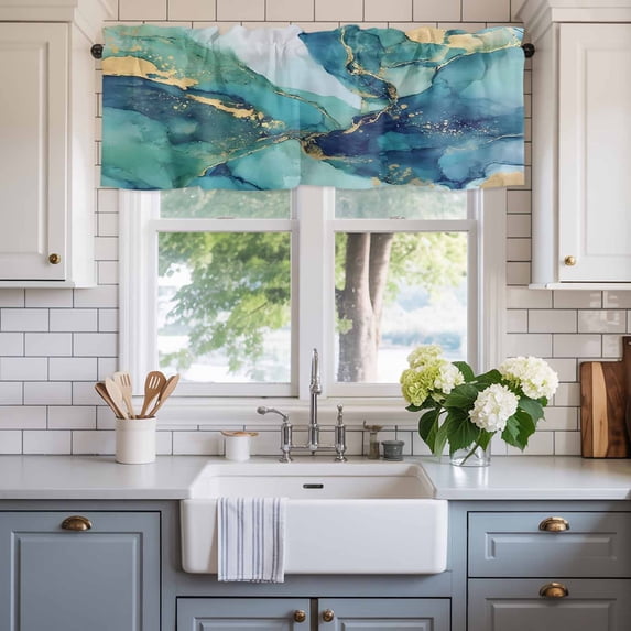Valance for Windows,Modern Turquoise Marble Stone Valances Curtain Rod Pocket Valance for Kitchen Bedroom Living Room Bathroom,Abstract Gold Crack Texture Short Curtains Window Treatment 54x18in