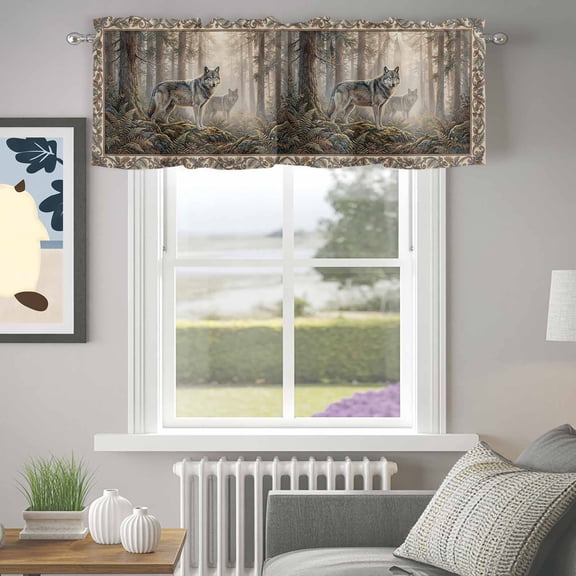 Valance for Windows,Natural Wild Wolf Forest Scenery Valances Curtain Rod Pocket Valance for Kitchen Bedroom Living Room Bathroom,Animal Botanical Tree Plant Short Curtains Window Treatment 42x12in