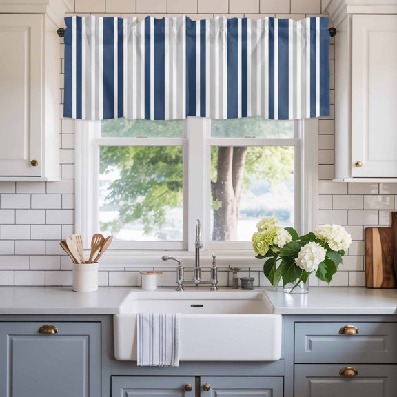 Valance for Windows,Navy Blue Grey Striped Country Valances Curtain Rod Pocket Valance for Kitchen Bedroom Living Room Bathroom,Modern Minimalist Stripes Short Curtains Window Treatment 54x18in