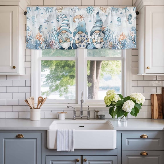 Valance for Windows,Ocean Gnome Sea Shell Starfish Valances Curtain Rod Pocket Valance for Kitchen Bedroom Living Room Bathroom,Jellyfish Coral Coastal Theme Short Curtains Window Treatment 54x18in