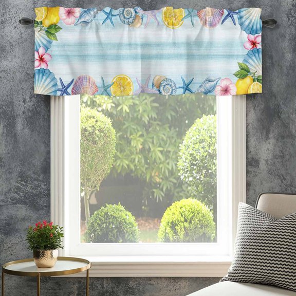 Valance for Windows,Ocean Life Starfish Shell Flower Lemon Valances Curtain Rod Pocket Valance for Kitchen Bedroom Living Room Bathroom,Watercolor Marine Conch Short Curtains Window Treatment 42x12in